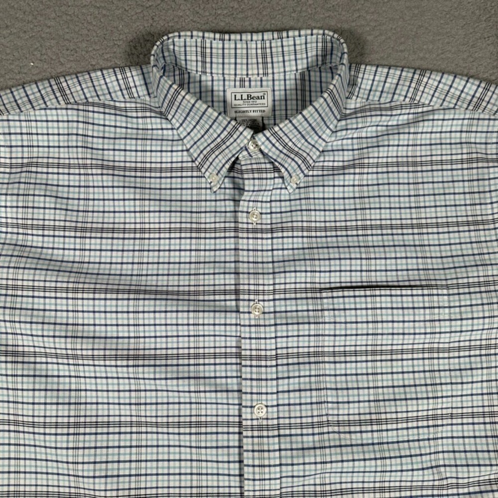 LL Bean Shirt Mens 17.5 35 Blue Plaid Slightly Fitted Button‎ Down Casual Preppy